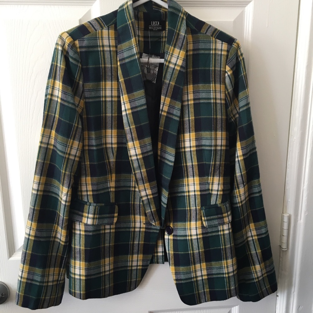 Lucca x Wildfang plaid blazer: navy, green, yellow
